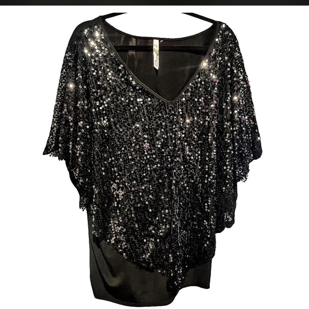 NY Collection Plus Size Black Sequin Flutter Sleeve Blouse Size 2X